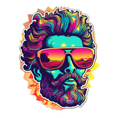 man head with beard multicolored, Graphic for trippy cartoon t-shirt logo design on white background, graphic, vector, illustration, full color, hd, outline, flat style, 2d, white background, 