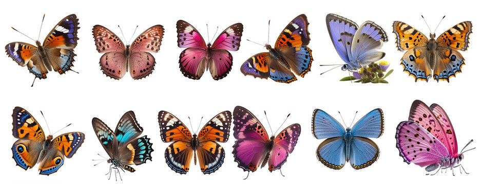 Collection of beautiful butterflies on white background isolated