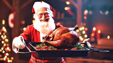 man in a Christmas apron and Santa hat holding a roasting pan with a roast goose or turkey - obrazy, fototapety, plakaty