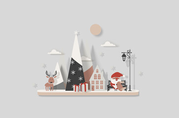 Santa Claus sits on bench near house with street lamp and reads a scroll with list of gifts. Reindeer is waiting for Santa near the Christmas tree. Paper cut style. Christmas vector isolated