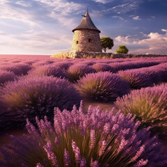 a purple lavender field with a stone 
