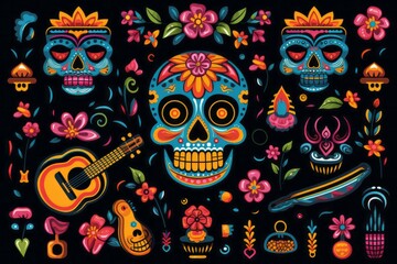 Illustration of a skull adorned with a guitar and flowers against a dark backdrop created with Generative AI technology