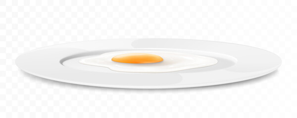 Plate with delicious fried egg and stainless steel cutlery, fork and knife, isolated on white background. Realistic 3D vector illustration. delicious breakfast, side view