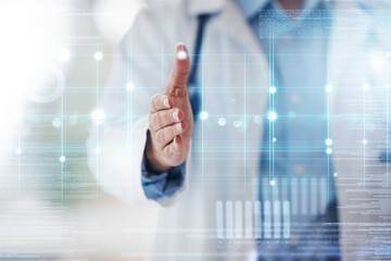 Hand, hologram and doctor in hospital for user interface, biometrics and ux for telehealth. Futuristic, healthcare mockup and person with finger for digital scan, clinic ux and medical research