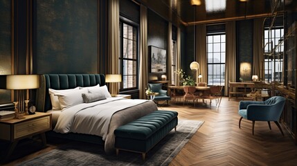 a boutique hotel room with plush bedding and opulent furnishings, embodying luxury in hospitality design
