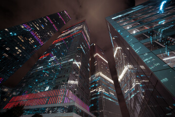 city skyscrapers at night aerial view