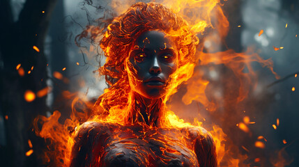 Inferno Empress: Fire Goddess Harnessing Superpowers as a Burning Superwoman - obrazy, fototapety, plakaty