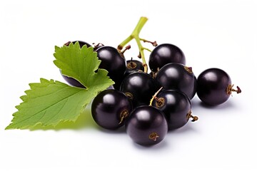 Fototapeta premium black currant with leaf isolated on a white background. With copy space for your text. Flat lay