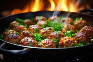 Fried pork meatballs in frying pan