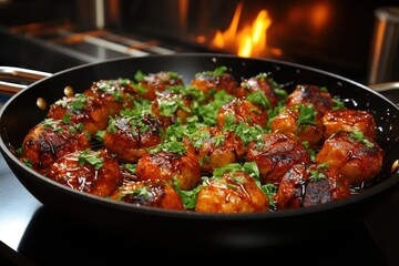 Fried pork meatballs in frying pan