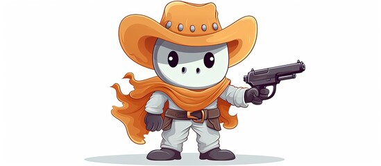 Ghostly cowboy depicted in a cute retro illustration with a gun isolated on white Western themed All Saints Day clip art Friendly cartoonish specter as a design element with copyspace for t