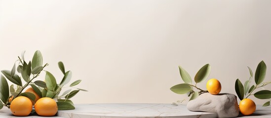 Stone fruit and leaves combine in lovely mockup setup for product presentation with copyspace for text