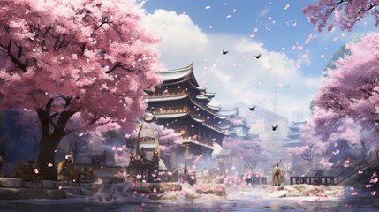 Fototapeta premium a cherry blossom festival in full bloom, conveying the ephemeral beauty and cultural significance of the event