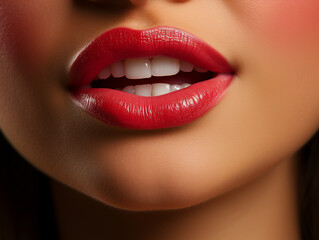Fototapeta premium Wunderschöne sexy rote Lippen einer Frau mit Zähne Nahaufnahme, ai generativ