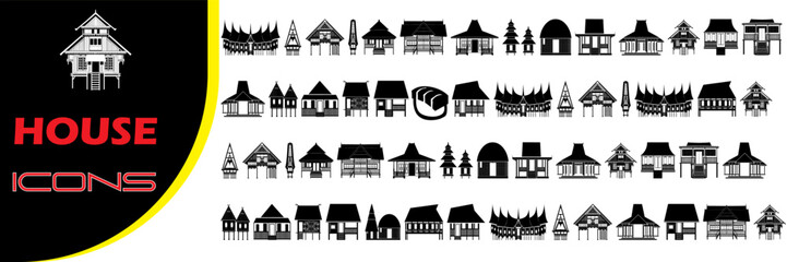 A group of home line symbols with outlines a set with house, property, and lodging icons. Symbols such as "home," "house," "palace," "resort," "apartment," and "tower" were included.