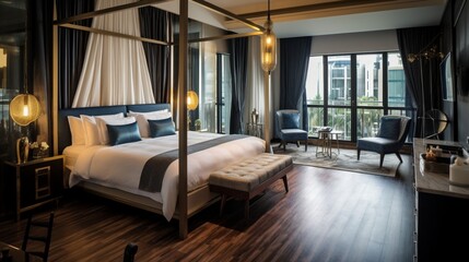 a chic boutique hotel suite with a plush canopy bed and modern amenities, promising a luxurious escape for travelers - obrazy, fototapety, plakaty