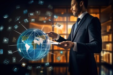 Businessman use modern interface payment, online shopping and customer network connection on virtual screen, smart logistics, innovative logistics, future of transportation in a large warehouse	
