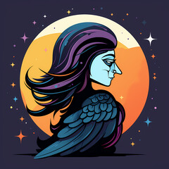 Old witch transformed into a raven in the moonlight. Fantastic creature with a body of a crow and a head of a woman against the night sky - obrazy, fototapety, plakaty