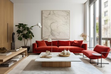 living room with a red couch and wooden table modern