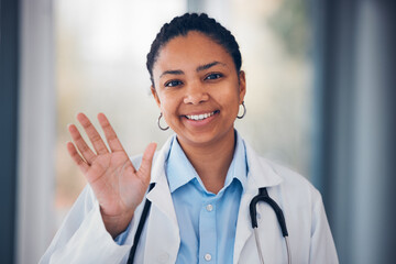 Happy woman, portrait and doctor wave hello for meeting, greeting or Telehealth at friendly...