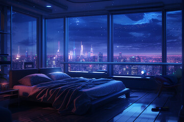an image in the anime art style, of a bedroom interior with a panoramic window view of a futuristic cityscape at night, rain streaming down the glass. | Generative Ai