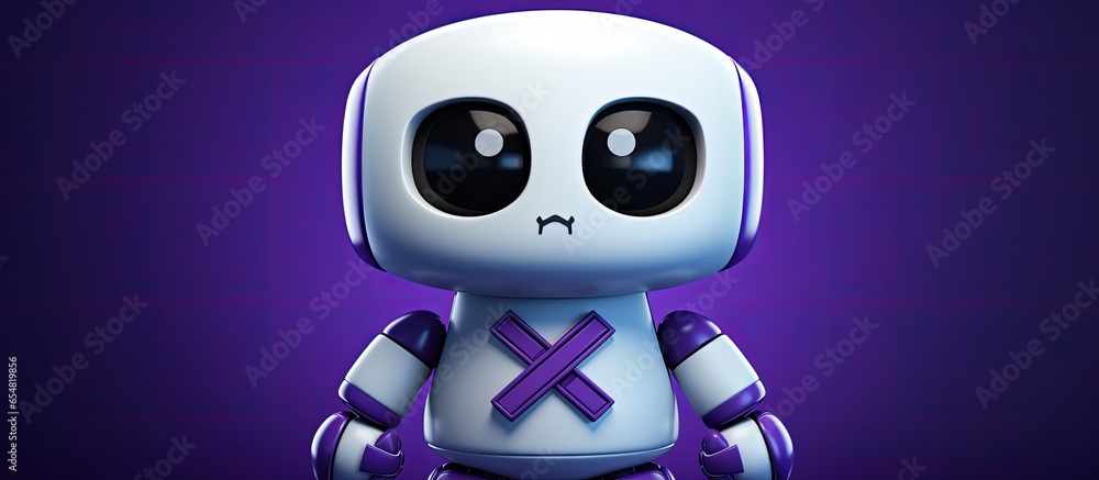 Poster purple background technology concept with cross icon upsetting adorable robot with copyspace for tex