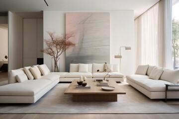 living room with a white couch and wooden table modern