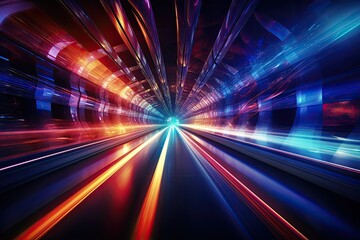 Speed Concept. High Speed Motion Blur. Fast Moving Stripe Lines with Glowing Light Flare. City Tunnel. Neon Glowing Rays in Motion. Generative AI Art. - obrazy, fototapety, plakaty