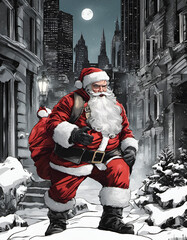 Santa claus at dark narrow street by night.