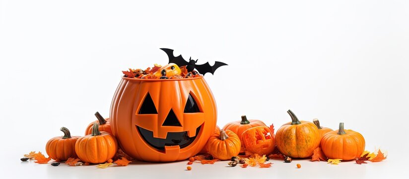 Spilled candy from Jack o lantern pail on white with copyspace for text