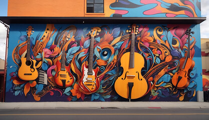 Beautiful colorful mural on the street with music elements. Minimal abstract fashion and music background. Art and lifestyle concept. With copy space.