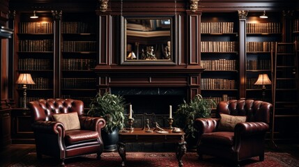 a classic home library with rich mahogany bookshelves and leather armchairs, a haven for bibliophiles and lovers of traditional elegance - obrazy, fototapety, plakaty