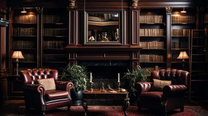 Foto op Canvas a classic home library with rich mahogany bookshelves and leather armchairs, a haven for bibliophiles and lovers of traditional elegance © Muhammad