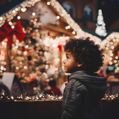 toddler children standing at a Christmas market looking at the christmas market, snow, holidays, winter - obrazy, fototapety, plakaty
