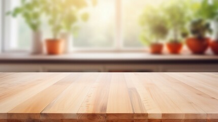 Wooden Table With Blurry Bokeh Potted Plants in the Background