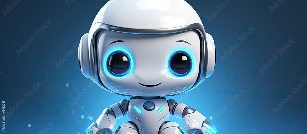 Poster smiling robotic toy with cute face designed for customer support and online assistance in technology