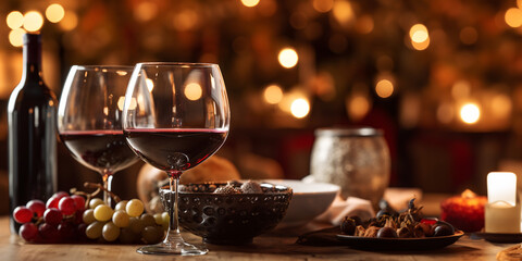 A glass of red wine on a table in a restaurant. Selective focus. Wineglass with red wine and grapes on the wooden table.
