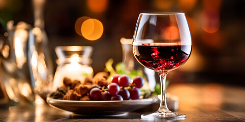A glass of red wine on a table in a restaurant. Selective focus. Wineglass with red wine and grapes on the wooden table.
