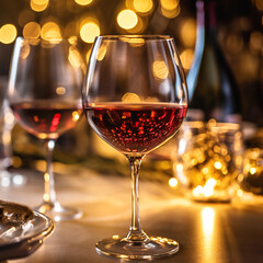 A glass of red wine on a table in a restaurant. Selective focus. Wineglass with red wine and grapes on the wooden table.
