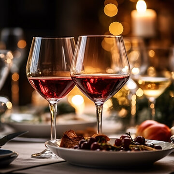 A glass of red wine on a table in a restaurant. Selective focus. Wineglass with red wine and grapes on the wooden table.

