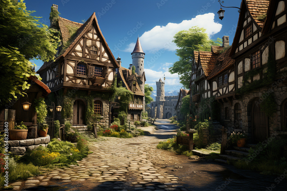 Poster medieval village background environment for computer mobile game generative ai picture