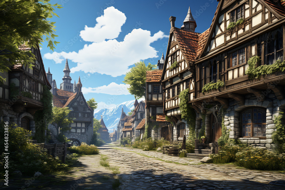 Poster medieval village background environment for computer mobile game generative ai picture