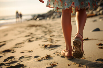 Close up generative AI photo of young girl in orange color sneakers walking along the seaside on a...