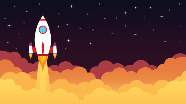 Flat style space ship rocket launch in the orange sunset sky flying over clouds. Business and Start up with copy space text area concept template.