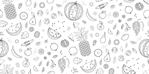 Seamless pattern with outline fruits in hand drawn style. 