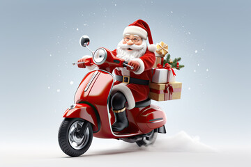Santa Claus with white beard ride on red retro moped. Carrying gifts on a moped. Generative ai art.