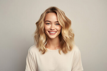Fototapeta premium Generative AI portrait charming blonde hair girl woman smiling white teeth isolated pastel color wall background