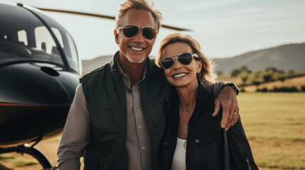 Happy mature romantic couple posing in front of helicopter. Businessmen flew to their vineyard to check the quality of the harvest - Powered by Adobe