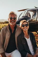 Happy mature romantic couple posing in front of helicopter. Businessmen flew to their vineyard to check the quality of the harvest