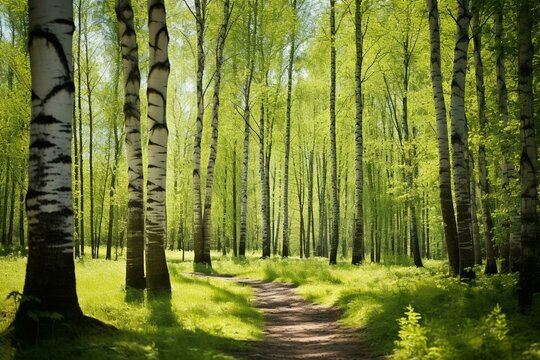 Scenic woods with tall birch trees during the spring season. Generative AI